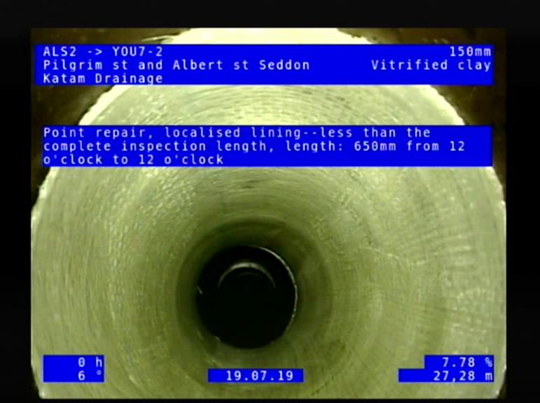 CCTV footage of the drain post fibreglass patch repair.