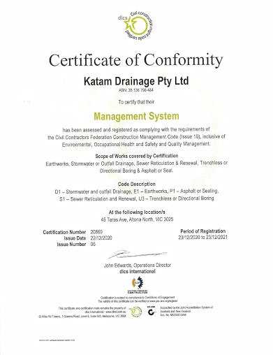 2020-2021 Certificate of Conformity for Katam Drainage.